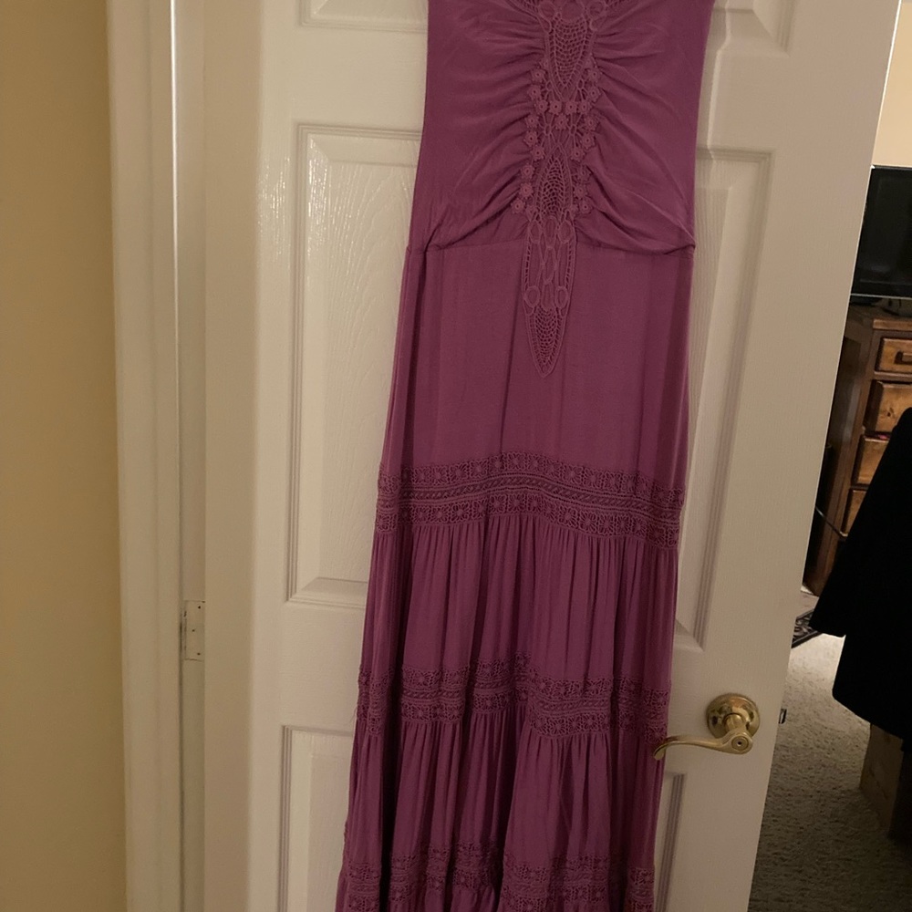 Beautiful Sky purplish pink embroidered strapless maxi dress